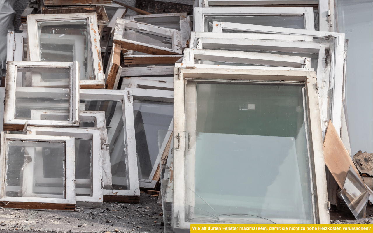 Wie alt dürfen Fenster maximal sein zeigt ein Sammelplatz mit ausgebauten, veralteten Holzfenstern in schlechtem Zustand.