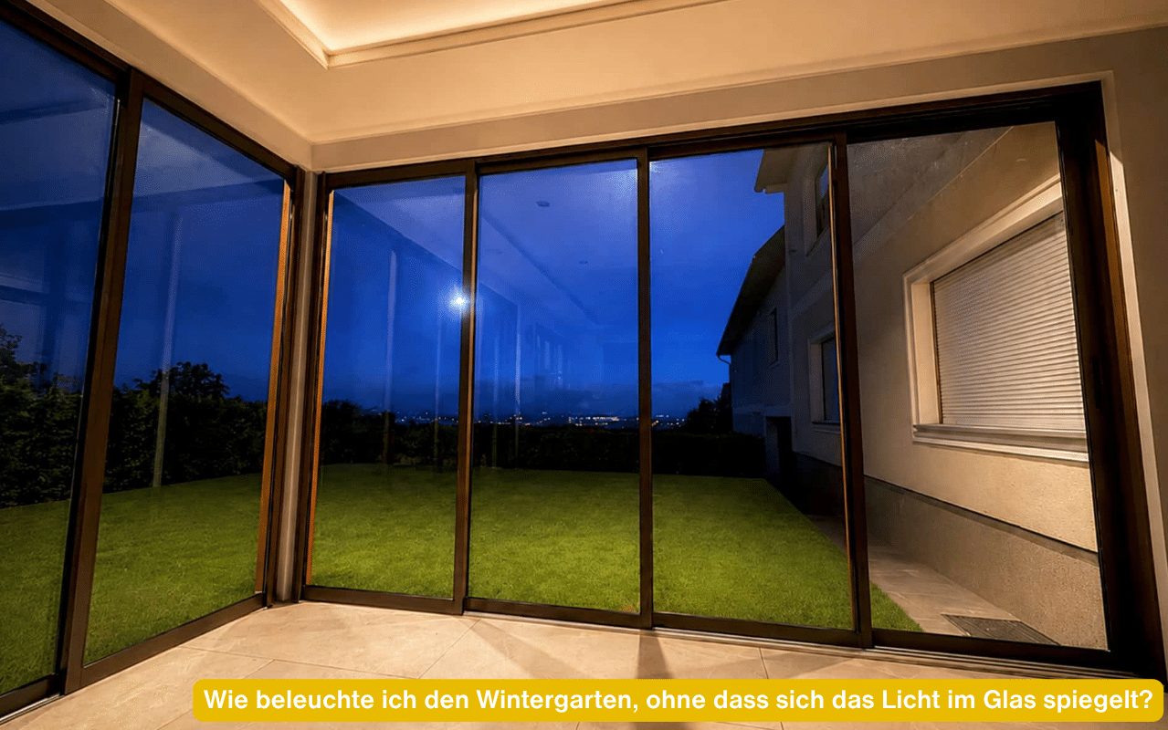 Wie beleuchte ich den Wintergarten, ohne dass sich das Licht im Glas spiegelt? Glasschiebeelemente von innen am Abend mit indirekter Deckenbeleuchtung und beleuchtetem Garten