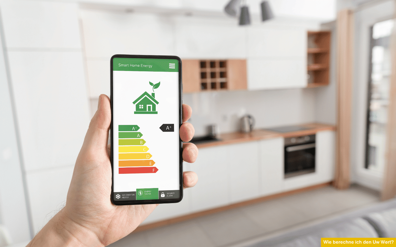 Wie berechne ich den Uw Wert zeigt Hand mit Smartphone und Energieeffizienzskala in moderner Wohnung mit Fokus auf Energieklasse A+.