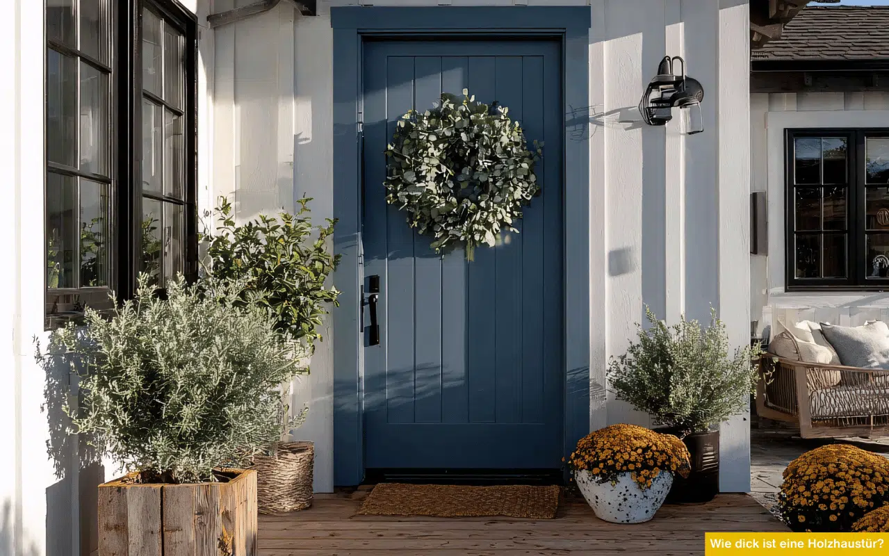 Wie dick ist eine Holzhaustür? Moderne blaue Haustür aus Holz mit klarer Linienführung und Pflanzen am Eingang
