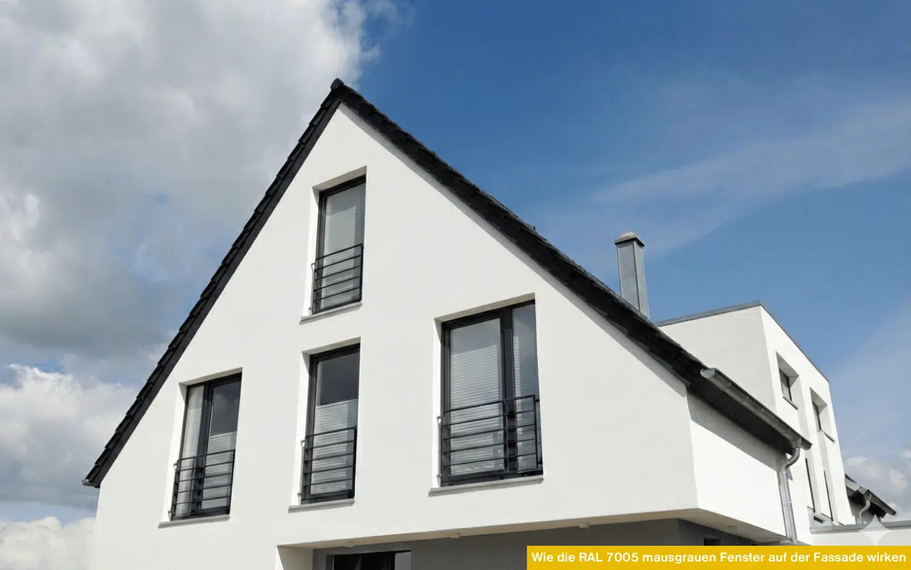 Wie die RAL 7005 mausgrauen Fenster auf der Fassade wirken bei hellem Einfamilienhaus mit klaren Linien