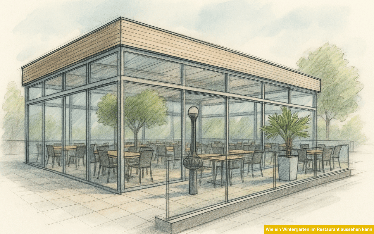 Eine farbige Zeichnung zeigt einen modernen Restaurant-Wintergarten mit großen Glasflächen, Tischen, Stühlen und Pflanzen, die für eine helle und freundliche Atmosphäre sorgen.