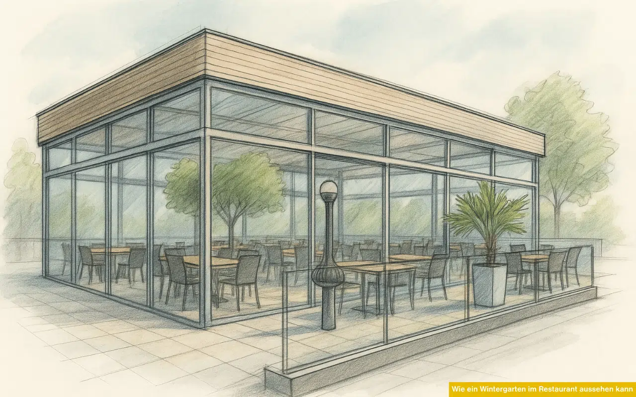 Eine farbige Zeichnung zeigt einen modernen Restaurant-Wintergarten mit großen Glasflächen, Tischen, Stühlen und Pflanzen, die für eine helle und freundliche Atmosphäre sorgen.