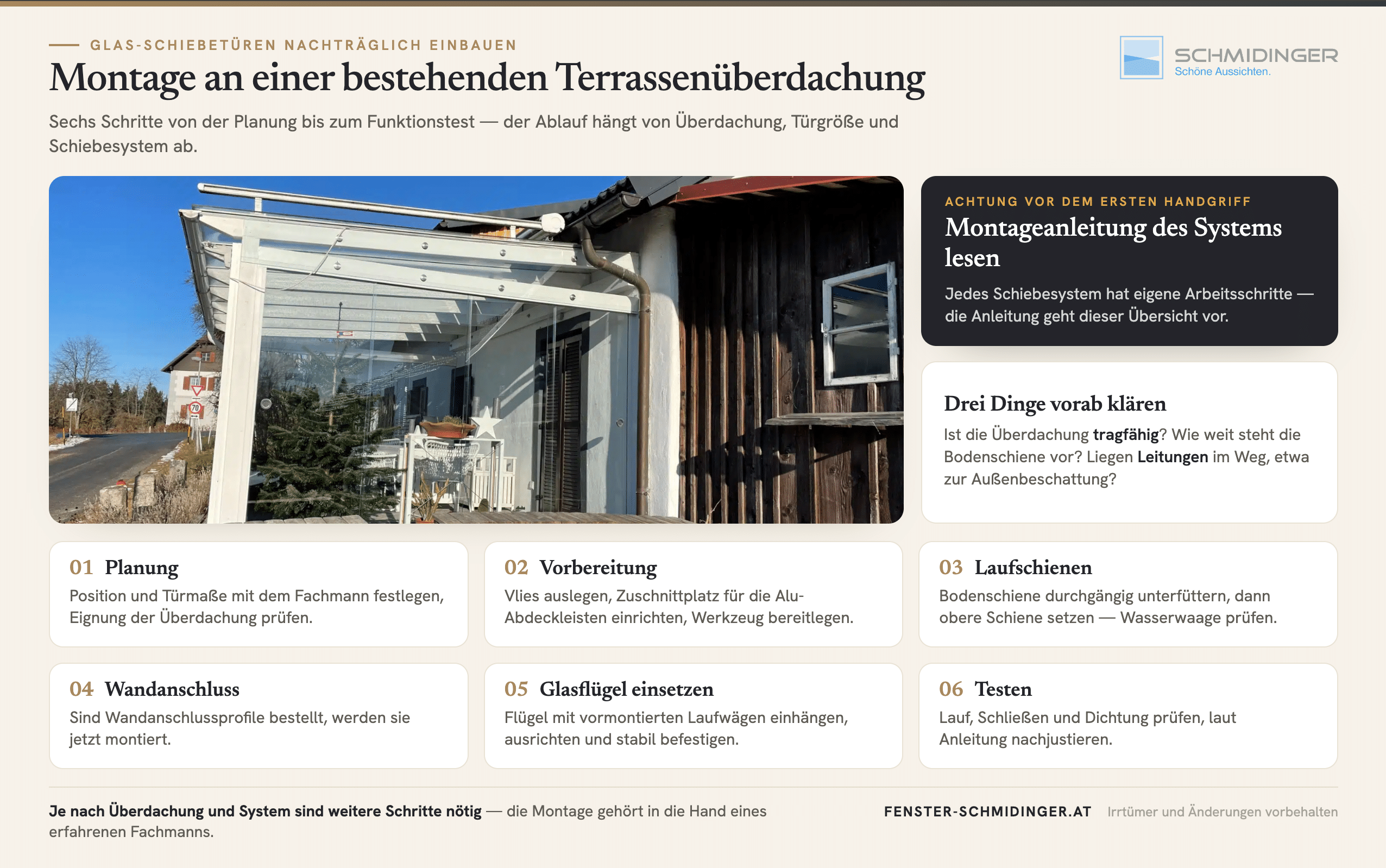 Wie funktioniert die Montage von Glas-Schiebetüren an einer bestehenden Terrassenüberdachung? Ablauf in sechs Schritten
