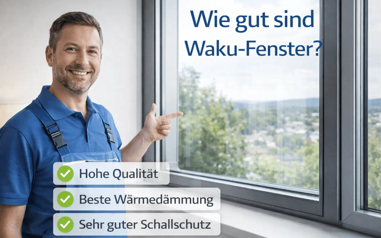 Wie gut sind Waku-Fenster? Monteur zeigt auf ein Fenster, Checkliste mit Qualität, Wärmedämmung und Schallschutz