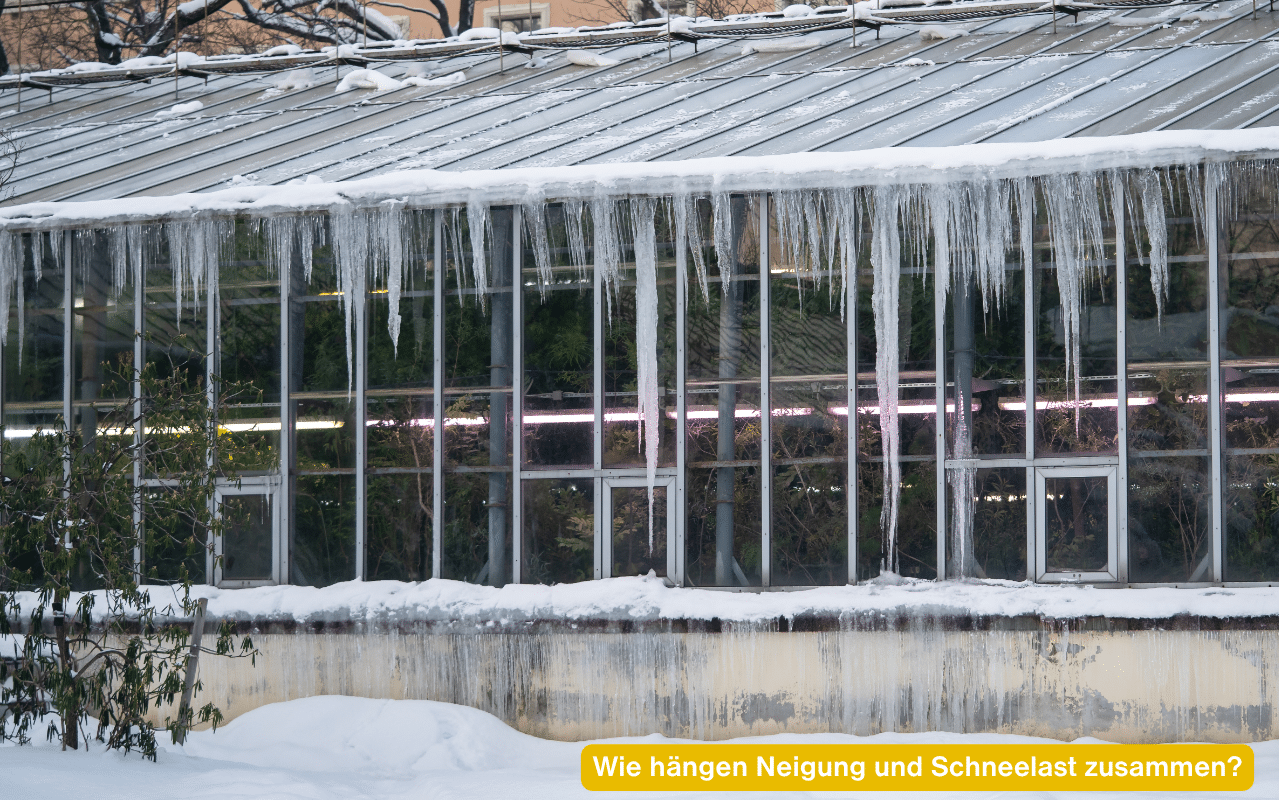 Wie hängen Neigung und Schneelast zusammen? Glashaus im Winter mit Schnee und Eiszapfen an der Dachkante