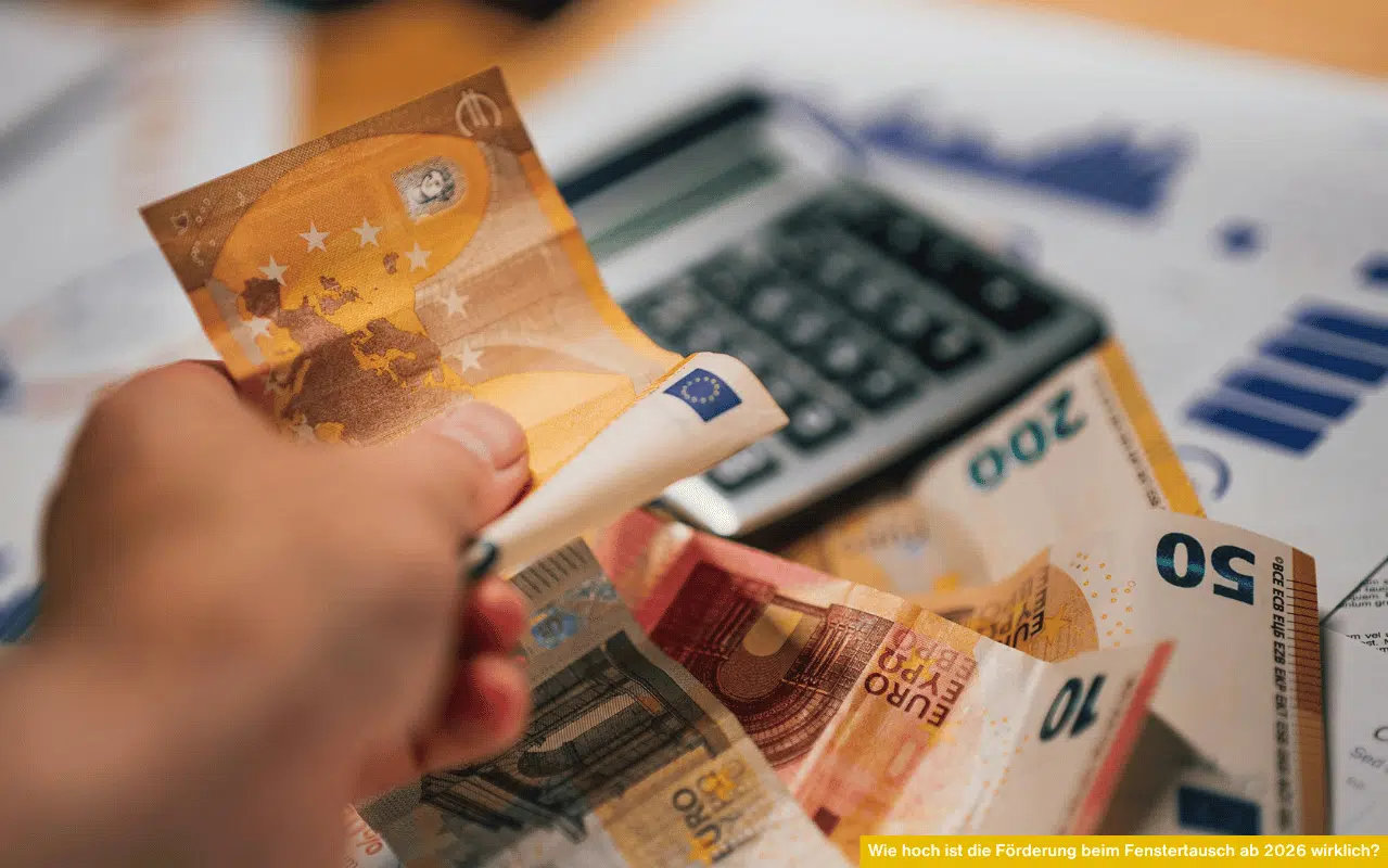Wie hoch ist die Förderung beim Fenstertausch ab 2026 wirklich? Symbolbild mit Eurobanknoten und Taschenrechner für Sanierungsbonus.