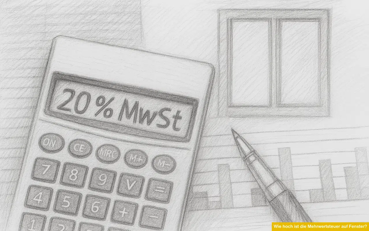 Wie hoch ist die Mehrwertsteuer auf Fenster Bleistiftskizze mit Taschenrechner 20 Prozent MwSt und Fenster im Hintergrund.