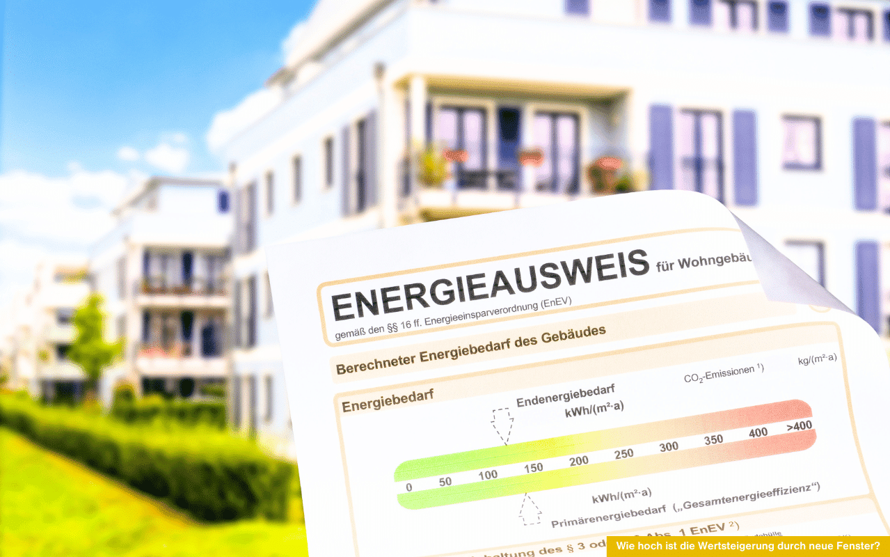 Wie hoch ist die Wertsteigerung durch neue Fenster? Energieausweis wird vor einer modernen Wohnanlage in die Kamera gehalten.