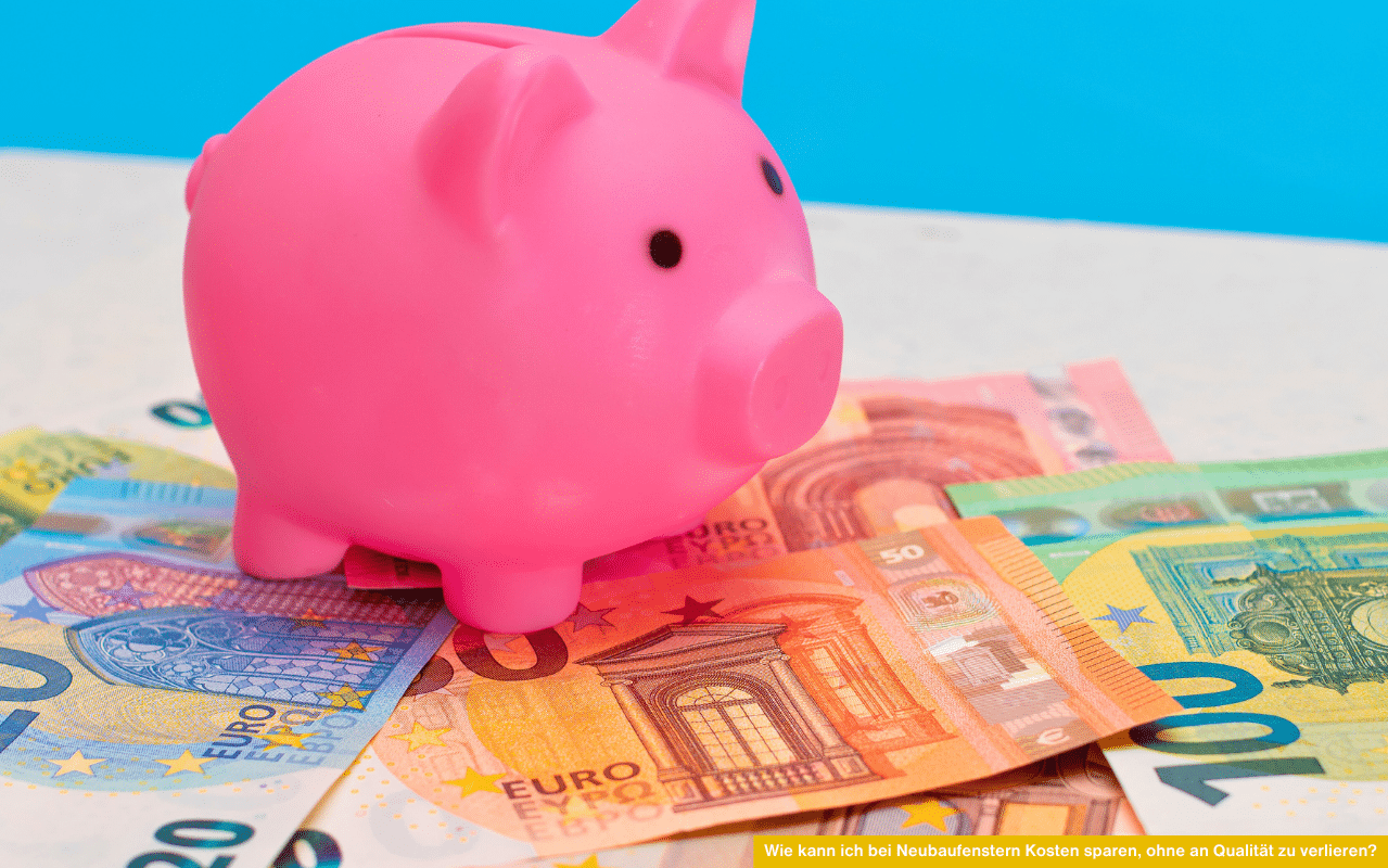 Ein pinkes Sparschwein steht auf einem Haufen bunter Euro-Geldscheine, darunter 20-, 50- und 100-Euro-Noten. Das Bild symbolisiert, wie Bauherren bei der Auswahl von Neubaufenstern durch clevere Entscheidungen Kosten sparen können, ohne auf Qualität zu verzichten.