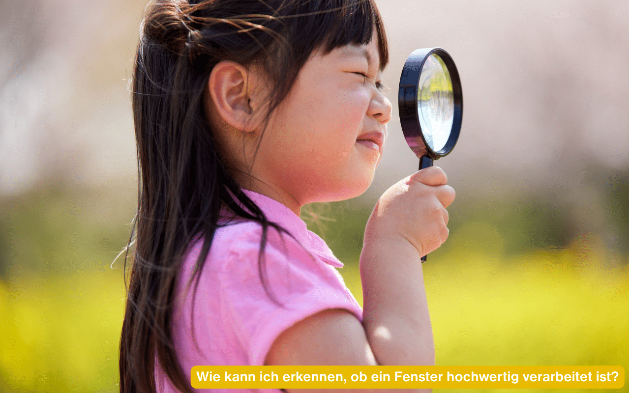 Wie kann ich erkennen, ob ein Fenster hochwertig verarbeitet ist? Kind prüft mit Lupe aufmerksam ein Detail