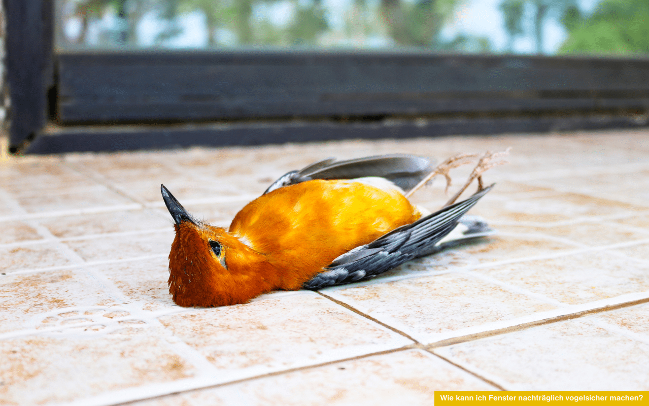 Wie kann ich Fenster nachträglich vogelsicher machen? Bild eines Vogels, der gegen eine Glasscheibe geflogen ist und am Boden liegt.