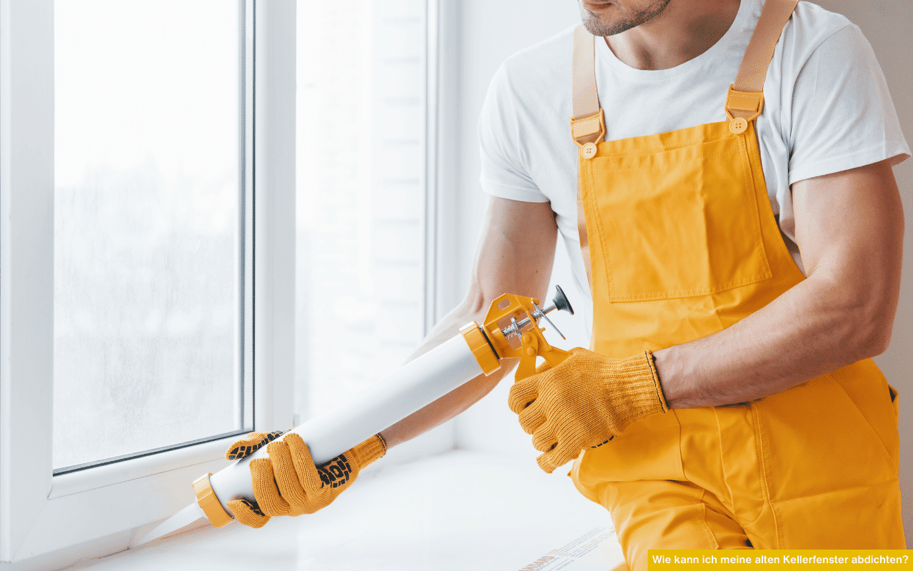 Wie kann ich meine alten Kellerfenster abdichten? Der Handwerker trägt Dichtmasse an einem weißen Fensterrahmen auf, um Undichtigkeiten zu beheben.
