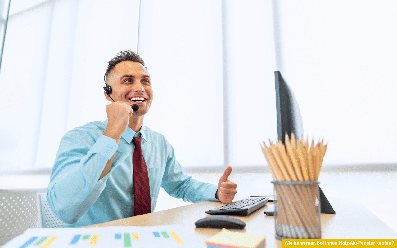 Wie kann man bei Ihnen Holz-Alu-Fenster kaufen? Kundenberater mit Headset gibt Beratung am Telefon und Daumen hoch.