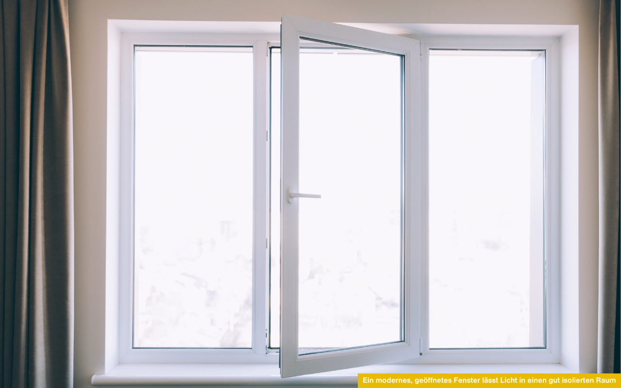 Wie kann man mit neuen Fenstern mehr Energie sparen zeigt modernes geöffnetes Fenster mit Tageslicht im Innenraum.