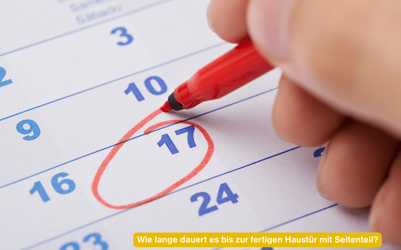 Wie lange dauert es bis zur fertigen Haustür mit Seitenteil? Hand kreist mit rotem Stift ein Datum im Kalender ein