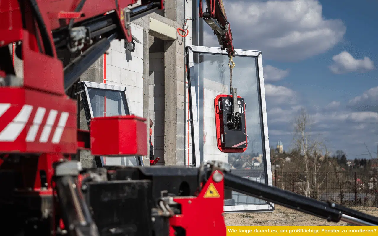 Wie lange dauert es, um großflächige Fenster zu montieren? Montage eines großen Fensters mit Kran auf der Baustelle