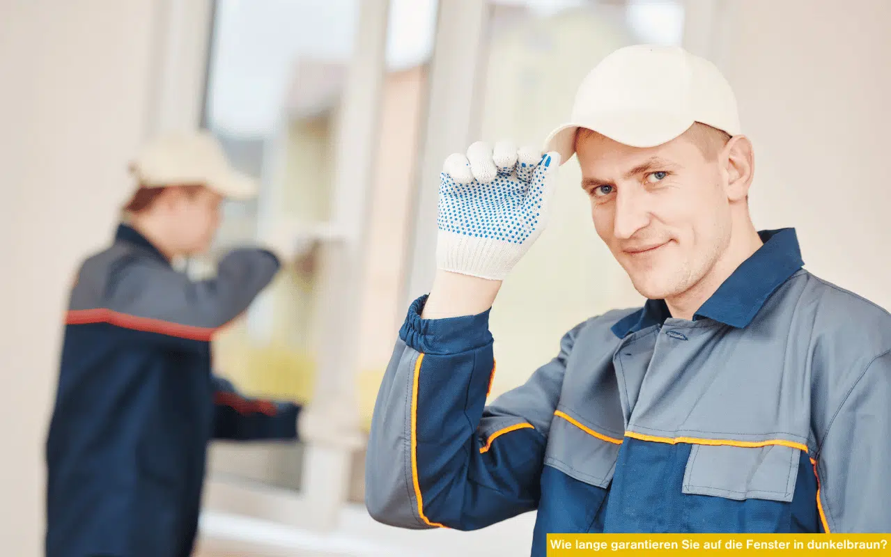 Wie lange garantieren Sie auf die Fenster in dunkelbraun Handwerker bei Fenstermontage mit modernem Werkzeug und Arbeitsanzug