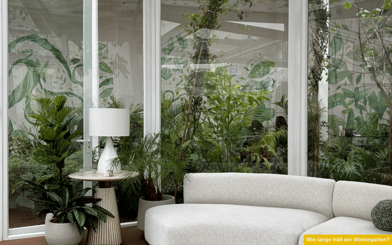 Wie lange hält ein Wintergarten zeigt gemütlichen Wintergarten mit vielen Pflanzen großer Glasfront und heller Sitzlandschaft im modernen Wohnstil