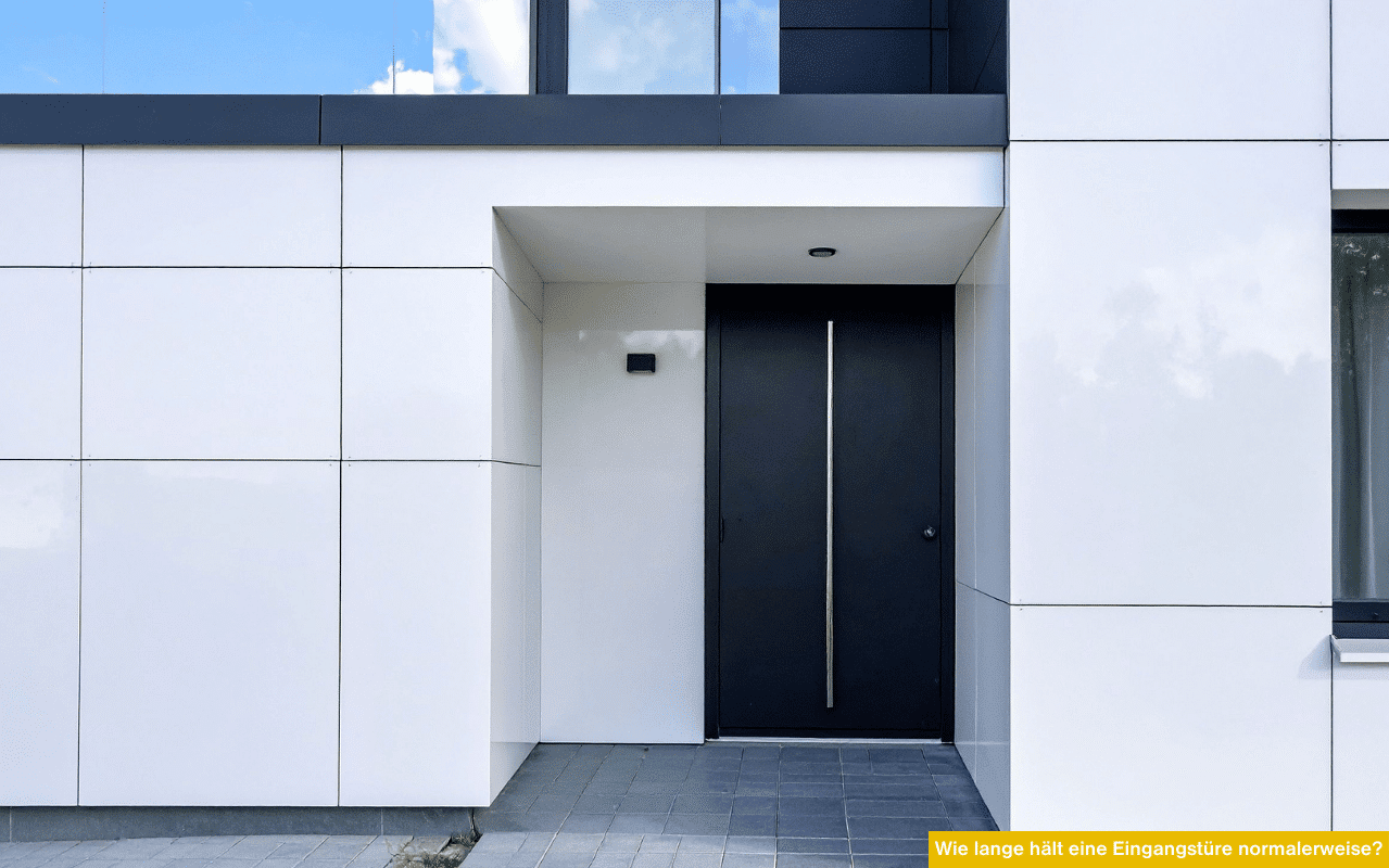 Wie lange hält eine Eingangstüre normalerweise moderne Haustür in weißer Fassade mit dunklem Türblatt und klarer Architektur