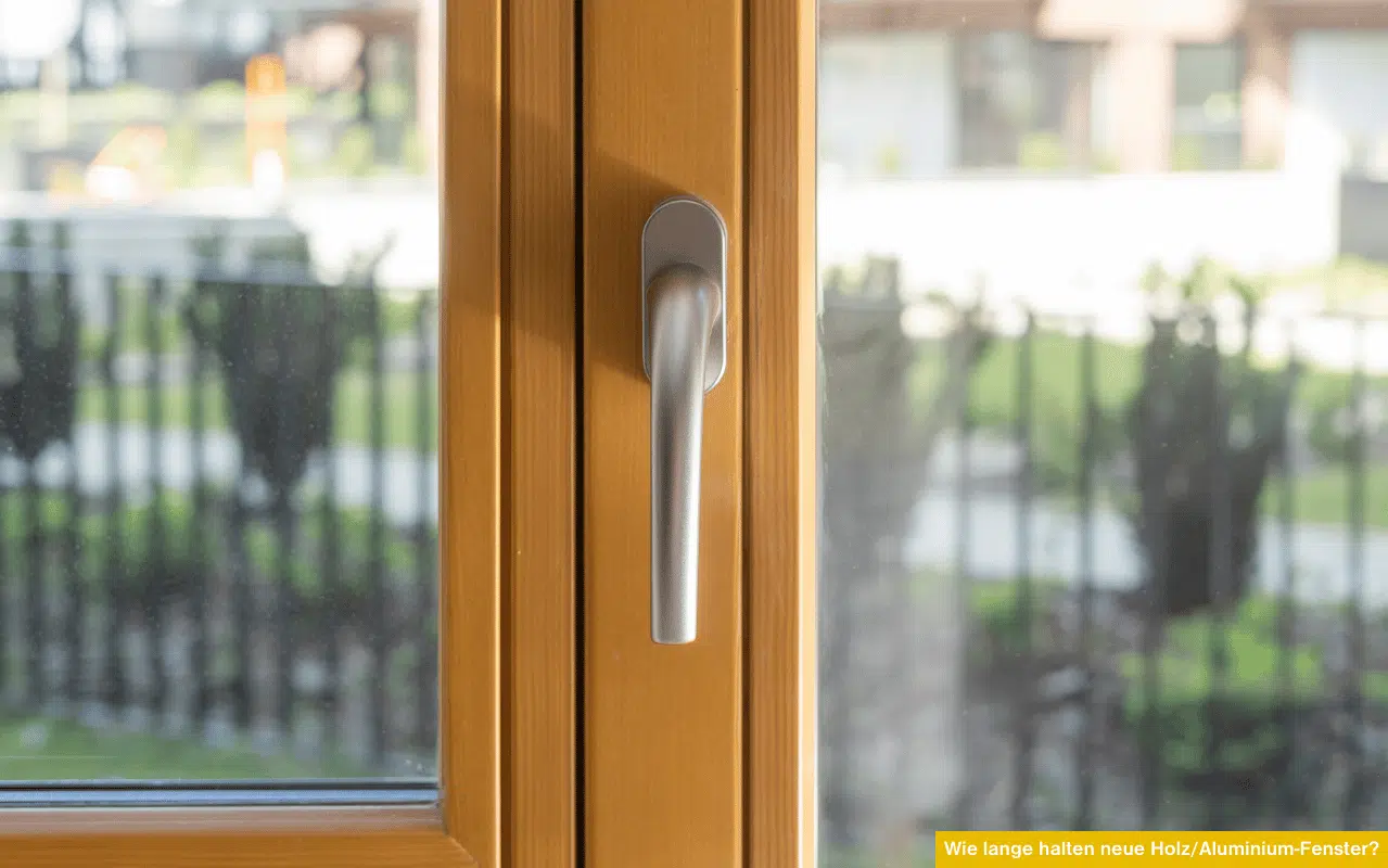 Wie lange halten neue Holz/Aluminium-Fenster Griff an Holz-Alu-Fensterrahmen mit Blick ins Freie