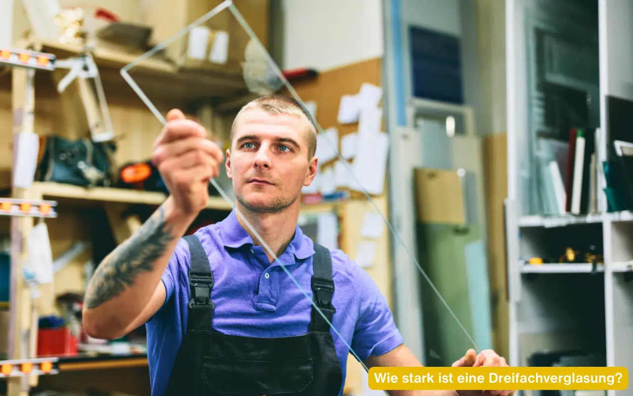 Wie stark ist eine Dreifachverglasung – Fachmann kontrolliert eine durchsichtige Glasscheibe in der Glaserwerkstatt