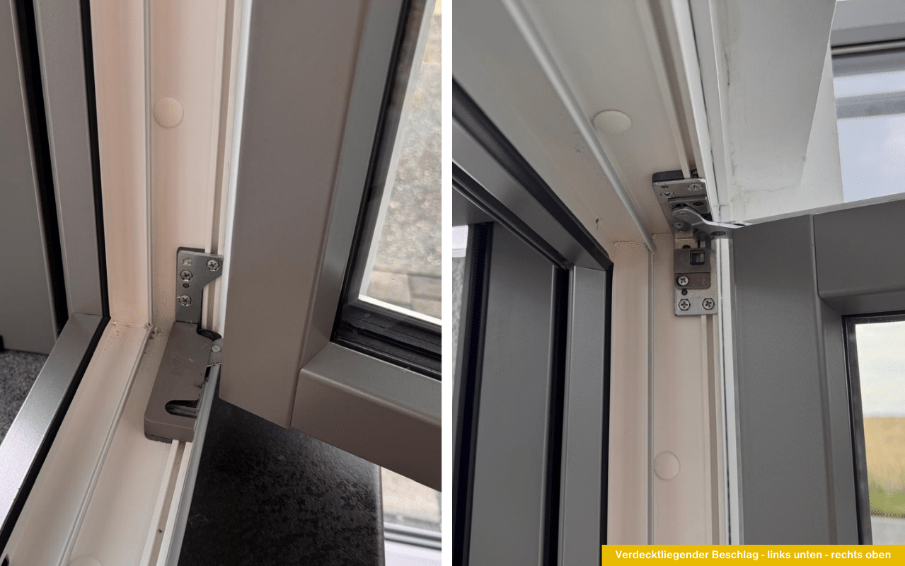 Zwei Nahaufnahmen zeigen verdecktliegende Beschläge eines 3-fach verglasten Fensters, oben und unten im Rahmen montiert.