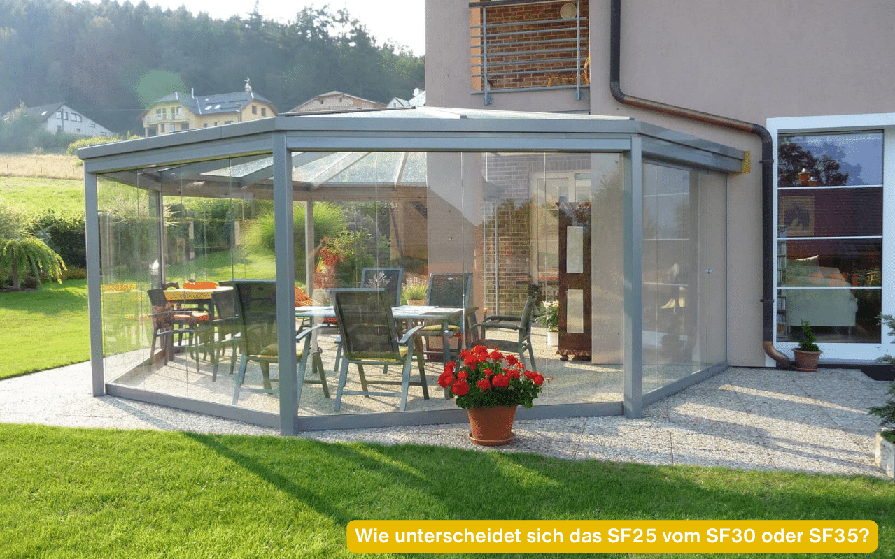 Wie unterscheidet sich das SF25 vom SF30 oder SF35? Sommergarten mit Schiebe-Dreh-Glaswand und Sitzgruppe im Garten