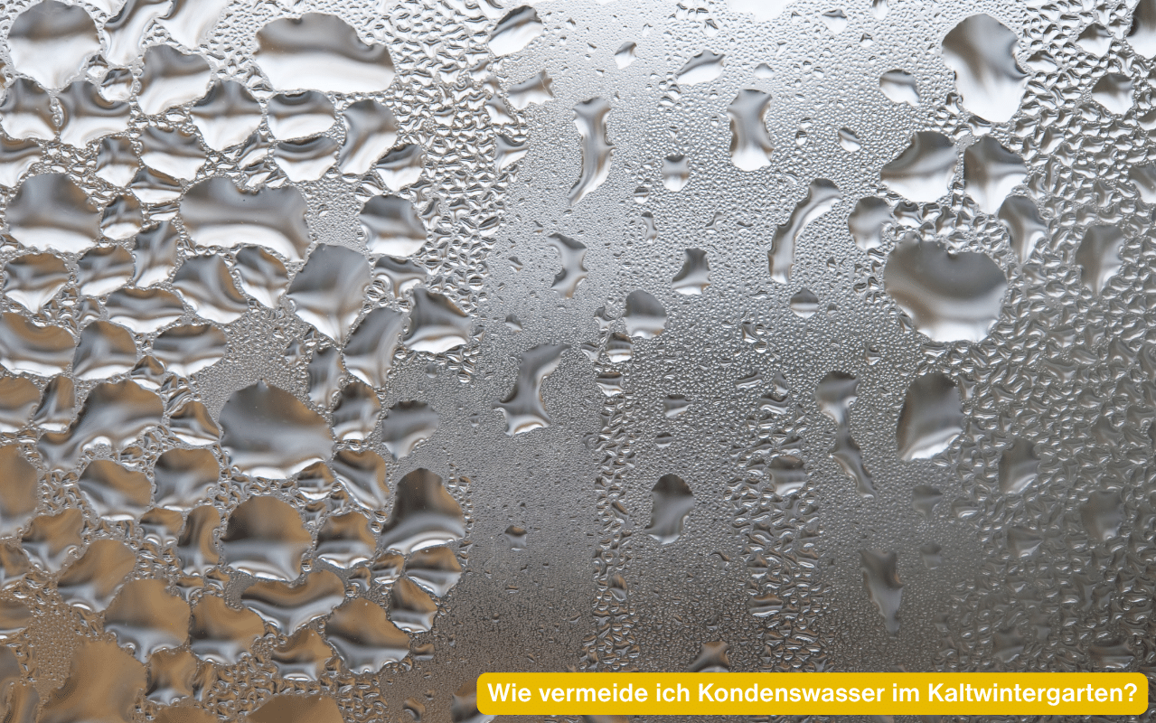 Wie vermeide ich Kondenswasser im Kaltwintergarten? Beschlagene Glasscheibe mit sichtbaren Wassertropfen