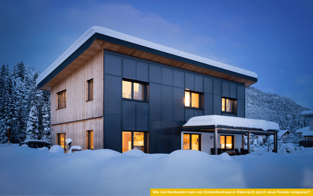 Ein modernes Haus im Schnee mit beleuchteten Fenstern, das Wärme und Geborgenheit ausstrahlt - eine starke visuelle Verbindung zur Frage, wie viel Heizkosten man durch neue Fenster sparen kann.