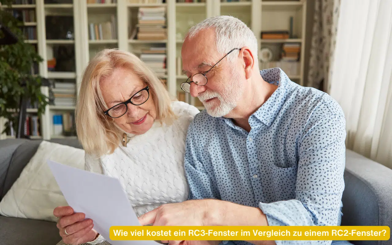 Wie viel kostet ein RC3-Fenster im Vergleich zu einem RC2-Fenster - Seniorenpaar prüft gemeinsam ein Angebot auf der Couch