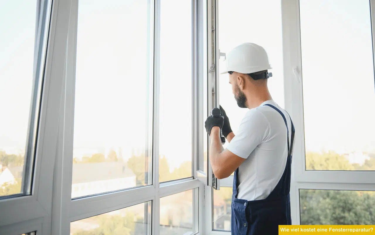 Wie viel kostet eine Fensterreparatur Monteur repariert ein Fenster und überprüft Beschläge in heller Wohnungssituation