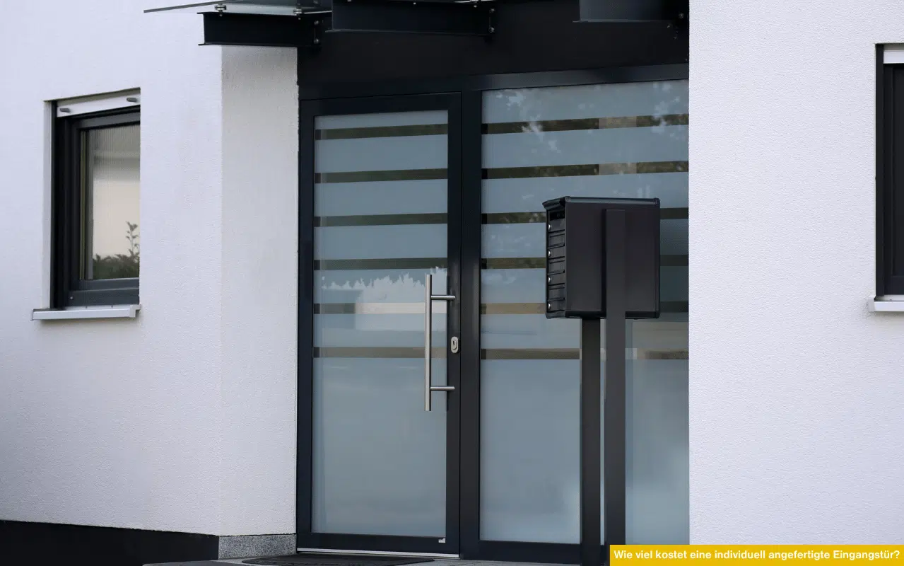 Wie viel kostet eine individuell angefertigte Eingangstür? Bild zeigt moderne Eingangstür mit Glas und Briefkasten an weißer Hausfassade.