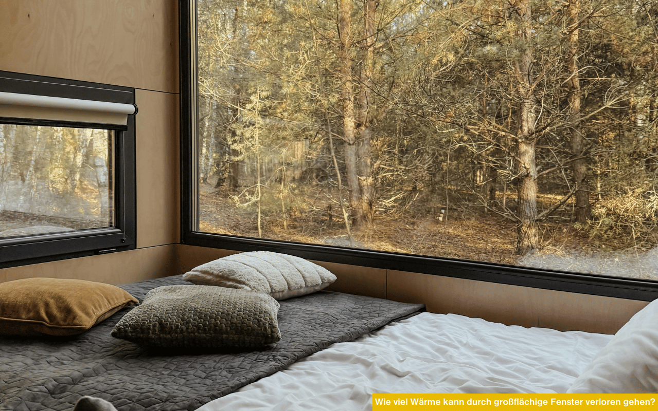 Wie viel Wärme kann durch großflächige Fenster verloren gehen? Großes Panoramafenster mit Blick in den Wald