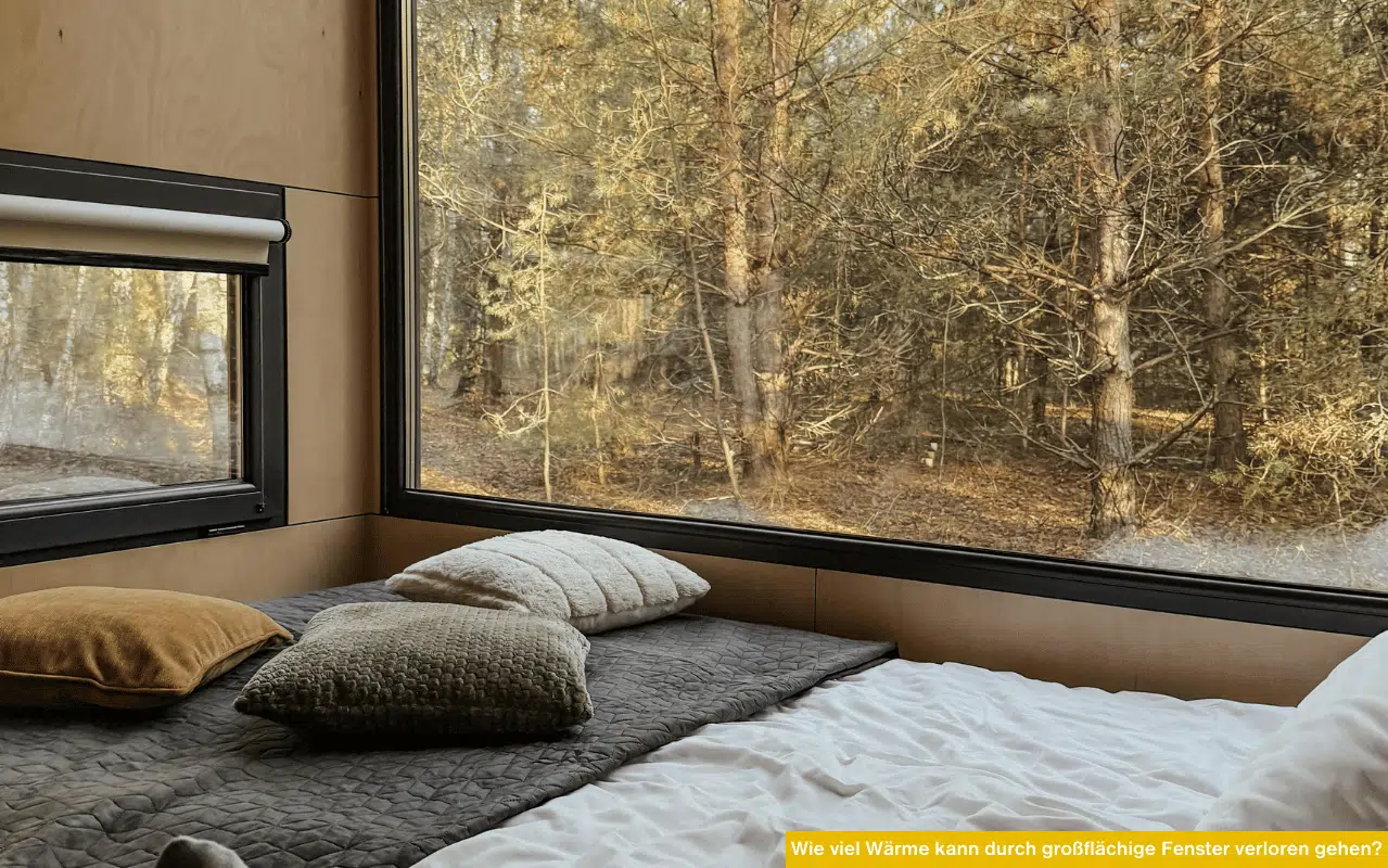 Wie viel Wärme kann durch großflächige Fenster verloren gehen? Großes Panoramafenster mit Blick in den Wald