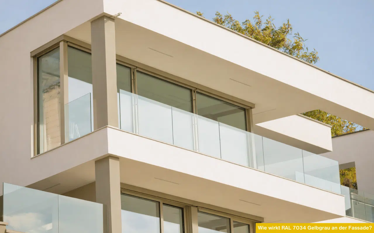 Wie wirkt RAL 7034 Gelbgrau an der Fassade bei modernem Wohnhaus mit großen Glasflächen