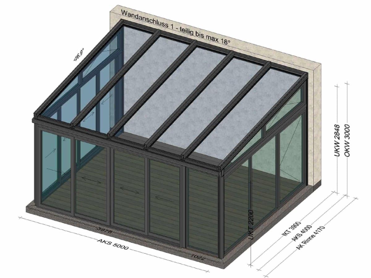 Planungszeichnung eines Wintergartens mit 5 × 4 Metern in Anthrazit mit Schiebeelementen und Glasdach