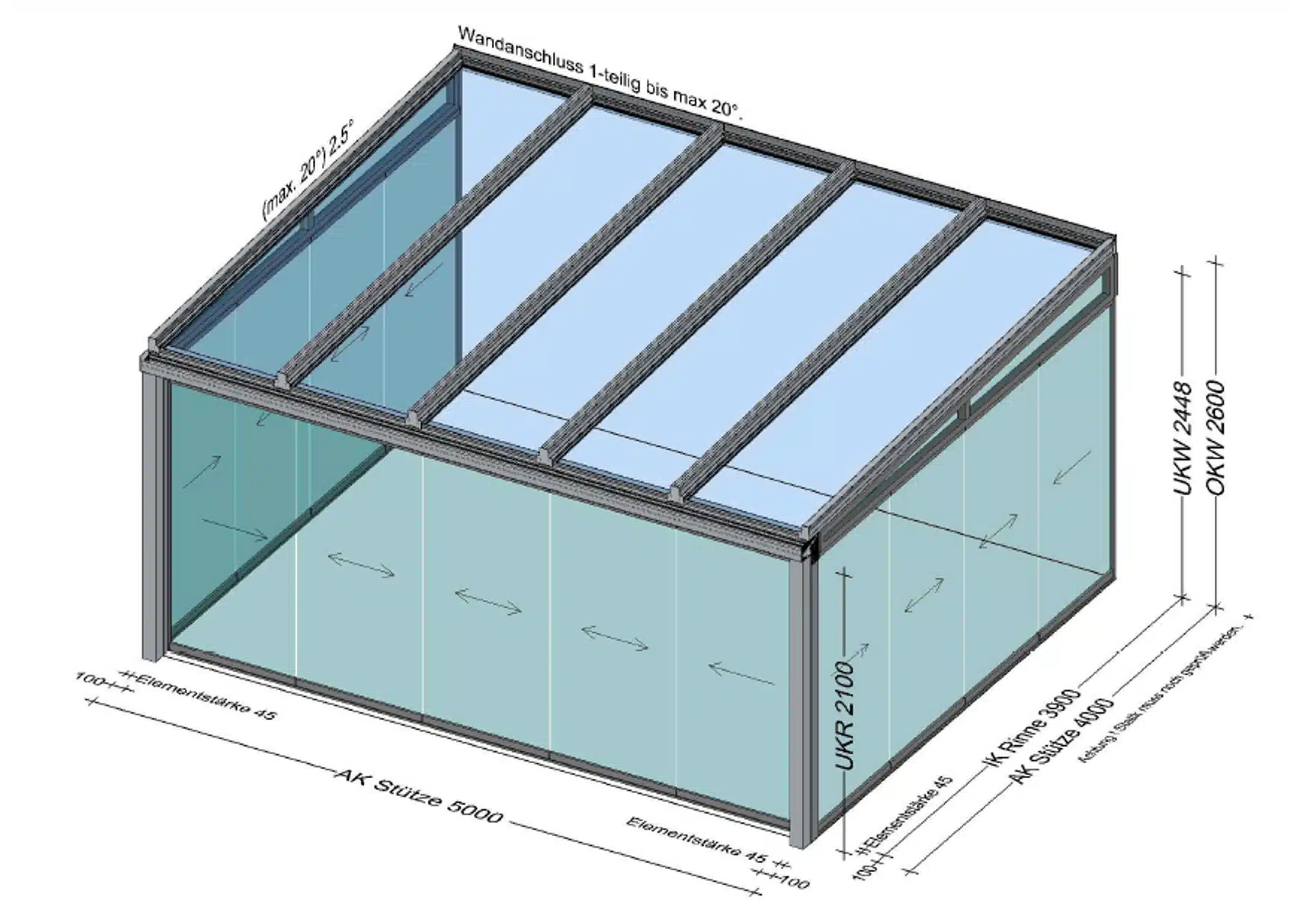 Wintergarten Aluminium mit Glasschiebetüren 5 x 4 Meter