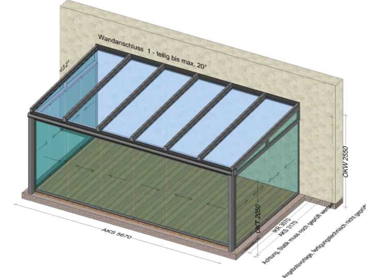 Planungszeichnung eines Wintergarten-Anbaus mit 5,67 × 3,17 Metern, Glasdach und Schiebeverglasungen