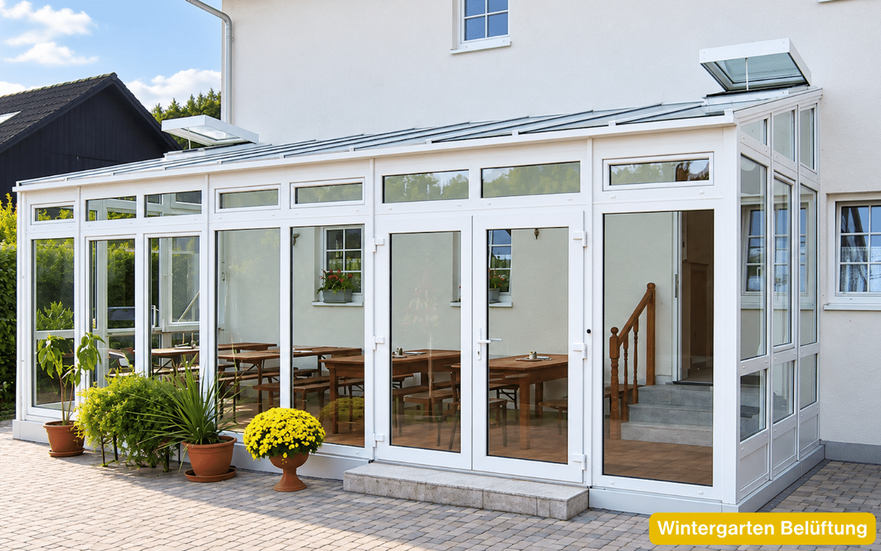 Wintergarten Belüftung mit geöffneten Dachfenstern und großen Fensterflächen für einen natürlichen Luftaustausch