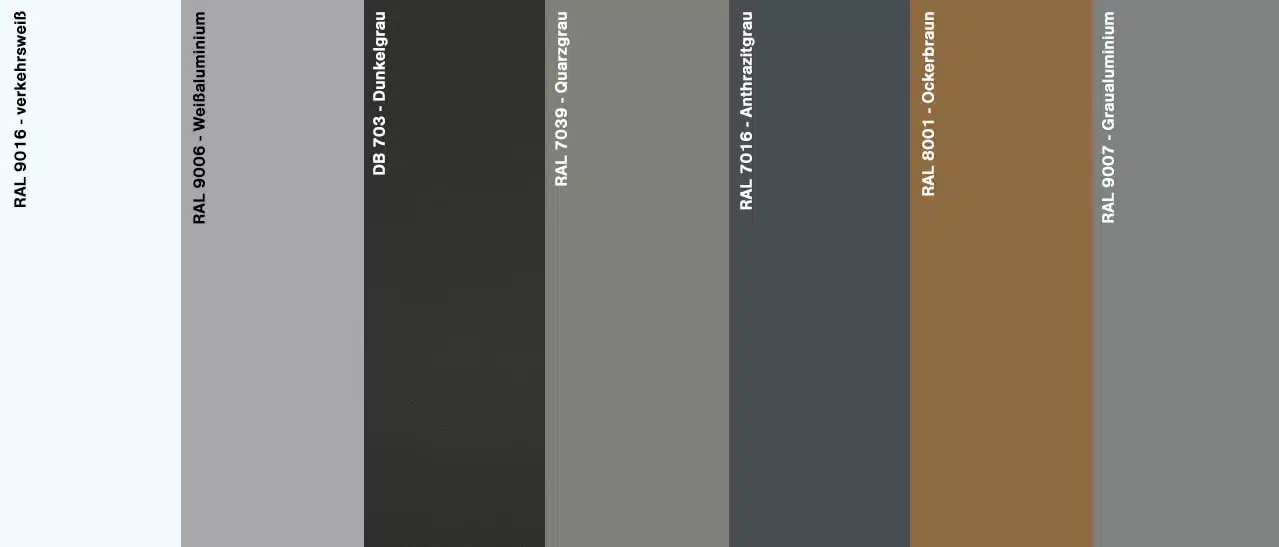 7 Trendfarben für Wintergärten: Verkehrsweiß, Weißaluminium, Dunkelgrau, Quarzgrau, Anthrazitgrau, Ockerbraun, Graualuminium
