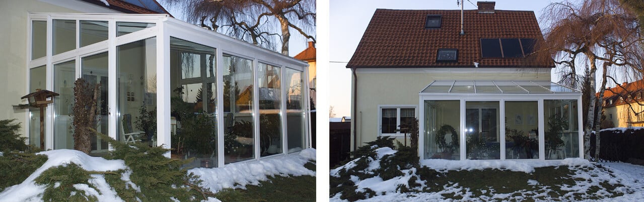 Wintergarten Hersteller Österreich mit hochwertigem Wintergarten aus Aluminium und Glas, angebaut an Einfamilienhaus im Winter.