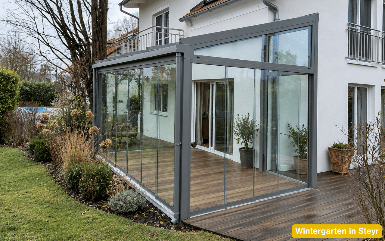 Wintergarten in Steyr mit rahmenlos wirkender Verglasung, Aluminiumkonstruktion und angrenzender Holzterrasse