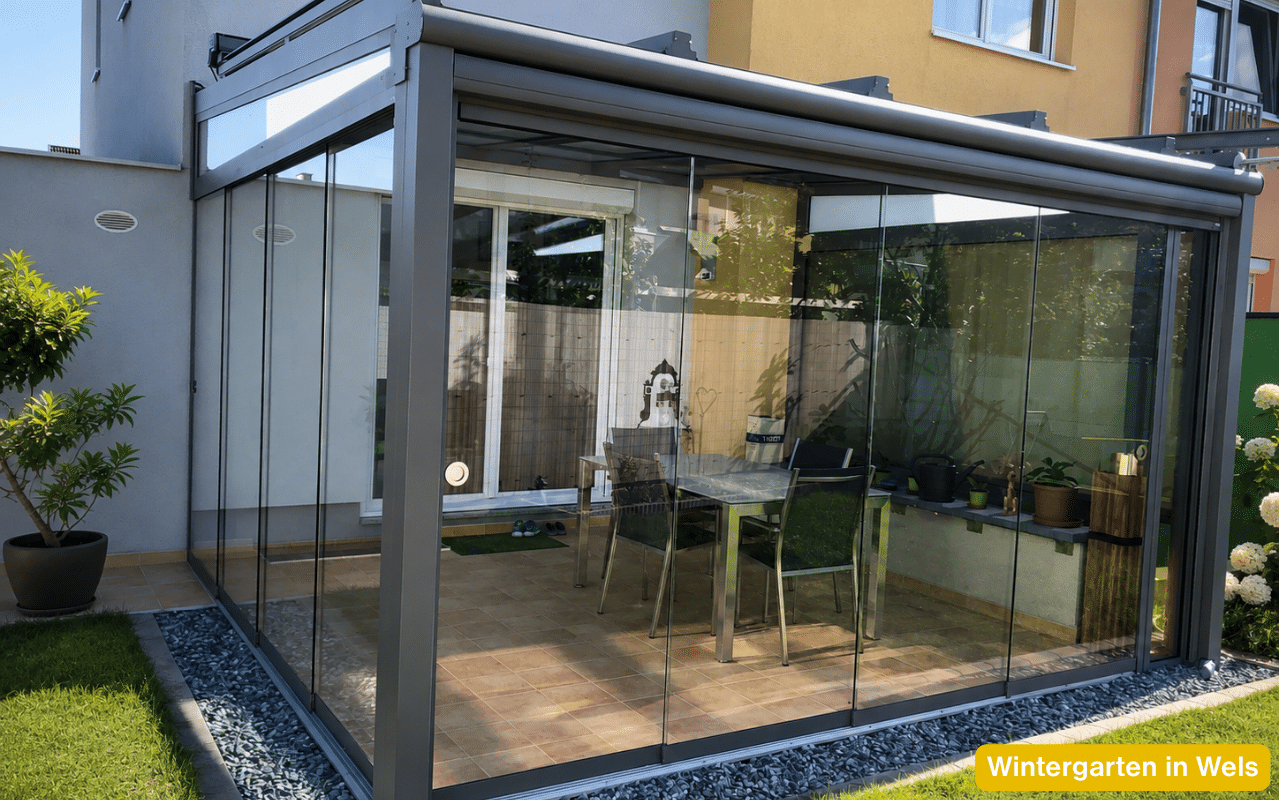 Wintergarten in Wels als verglaster Sommergarten mit Sitzplatz und Blick in den Garten