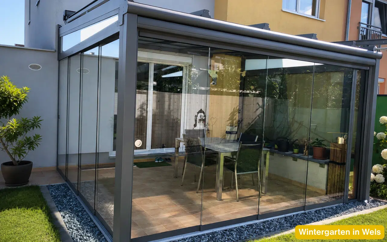 Wintergarten in Wels als verglaster Sommergarten mit Sitzplatz und Blick in den Garten