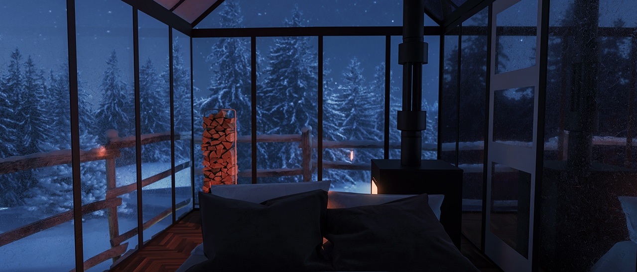 Behaglicher Kaltwintergarten mit Kamin für Wärme und Gemütlichkeit, ideal zum Lesen und Entspannen.