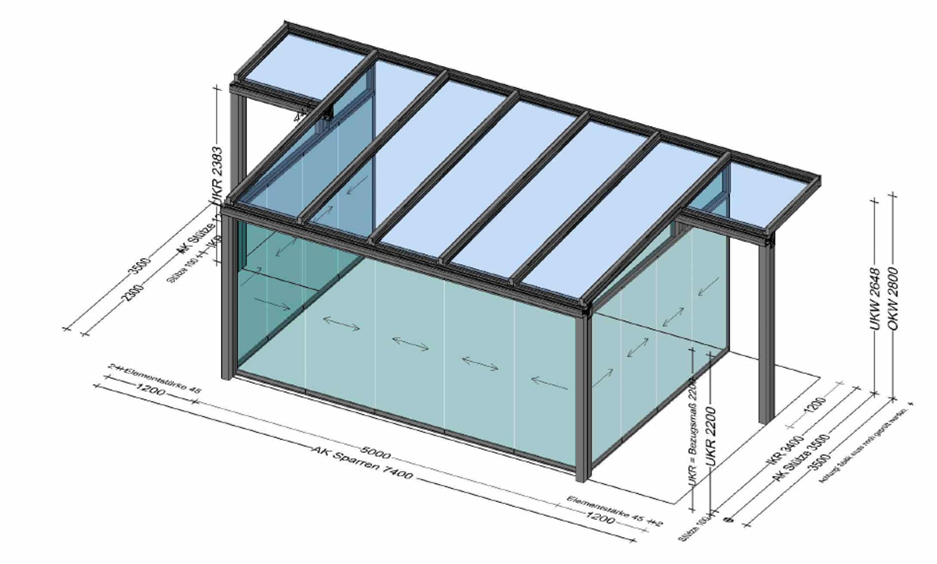 Wintergarten mit längerem Glasdach und Glasschiebewänden