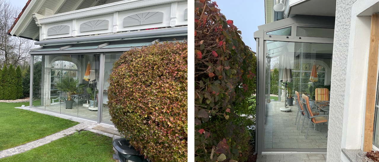Wintergarten mit Pultdach aus Aluminium und Glas, RAL 9006 Weißaluminium, seitliche Glasschiebetüren, Aufdachmarkise von Fenster-Schmidinger.