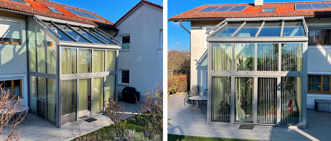 Zweistöckiger Wintergarten aus thermischem Aluminium & Dreifachverglasung für Ganzjahresnutzung.