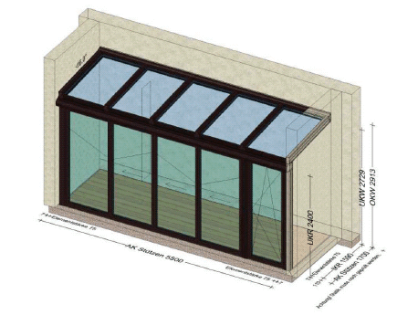 Preisbeispiel einesWintergarten in RAL 8017 mit Faltwand SF 75, 3-fach Wärmeschutzglas, Iso-Verglasung Ug 0,7, Maße 5500x1700x2729mm.
